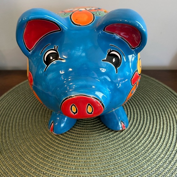 NEW Blue /Flower Mexican Talavera Hand Painted Piggy Bank Clay Colorful Folk Art - Picture 1 of 10
